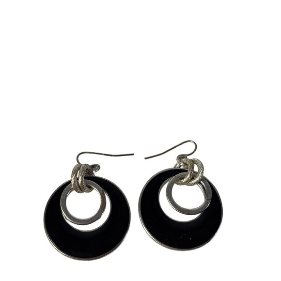 Black Silvertone Round Dangle Earrings With Textured Design 1.5 inches - Picture 1 of 3